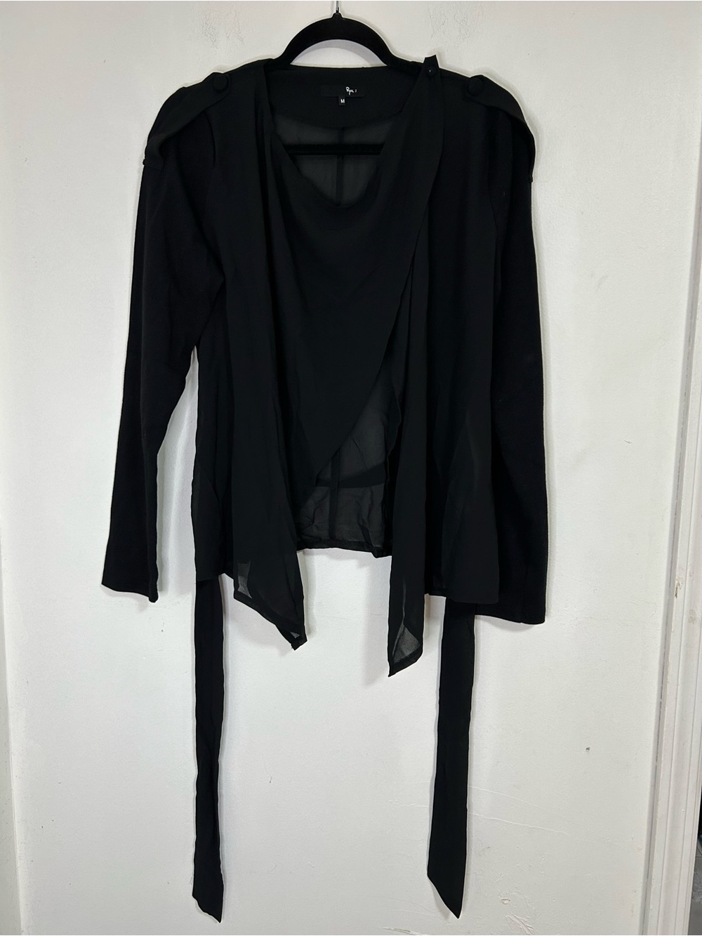 Ryu Black Open Front Drape Cardigan Sheer Waterfall Tie Waist Jacket Medium